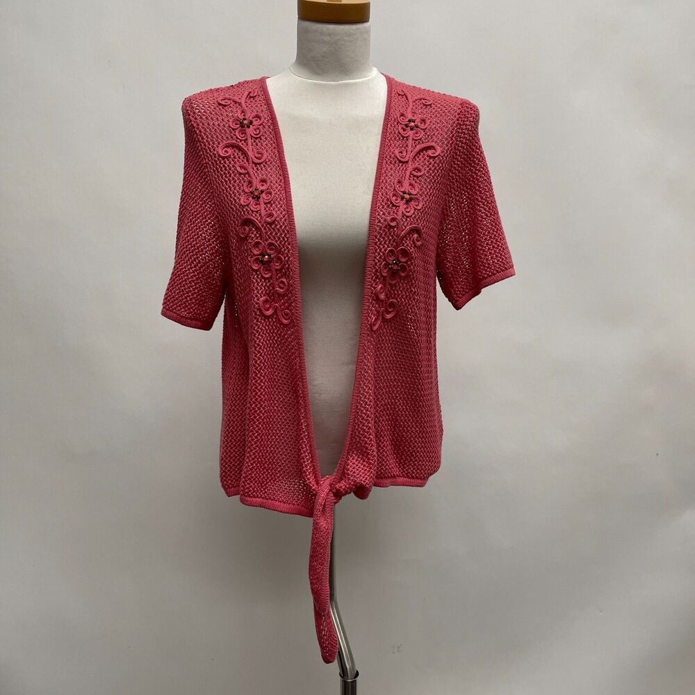 Alfred Dunner Women's Crochet Sweater Pink Medium Cotton Blend